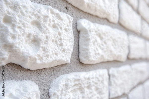 Fototapeta White Foam Insulation Brick Wall - Modern home exterior, textured white foam insulation, wall cladding, building material, energy efficiency.