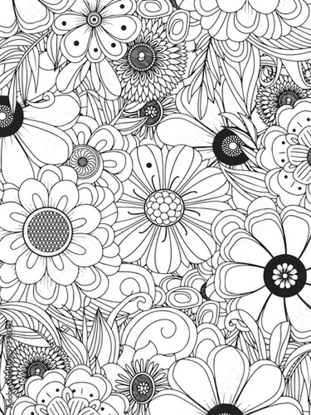 Fototapeta Floral Fantasy: An intricate black and white floral pattern, perfect for coloring or as a unique design element, showcasing a diverse array of stylized flowers, leaves, and whimsical shapes.