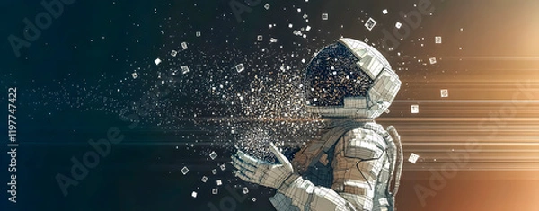 Fototapeta Concept of space travel. Astronaut who is getting pixelated.