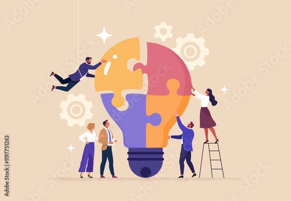 Fototapeta Business Brainstorm Concept. Contemporary flat style vector illustration of a group of diverse people in business suits putting together a light bulb puzzle. Isolated on background.