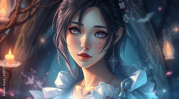 Fototapeta Illustration of an anime girl with a delicate expression, dark hair, and glowing eyes, surrounded by soft candlelight in a mystical setting.  
