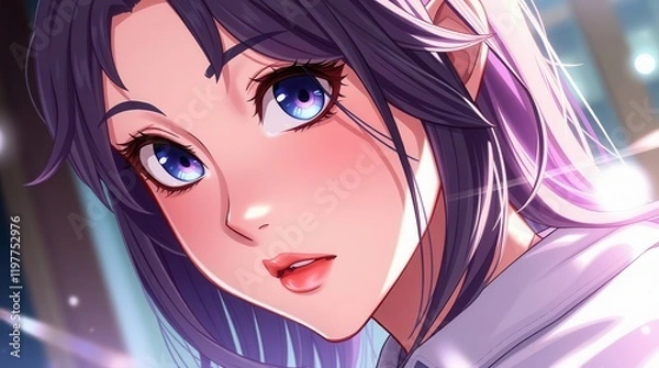 Obraz Close-up illustration of an anime girl featuring vibrant purple hair, glowing blue eyes, and soft lighting with a dreamy atmosphere.  
