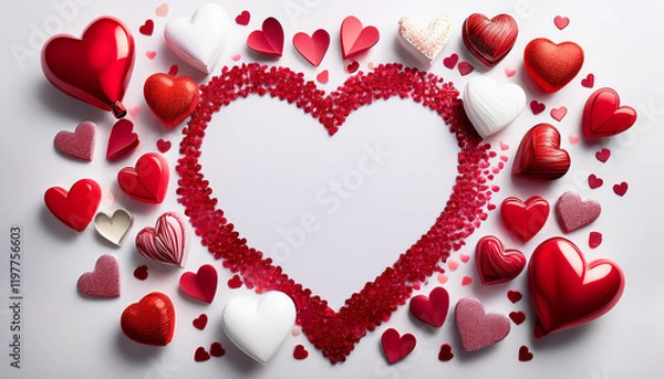 Fototapeta A festive and romantic composition featuring a variety of hearts arranged on a white background. The hearts are in different sizes