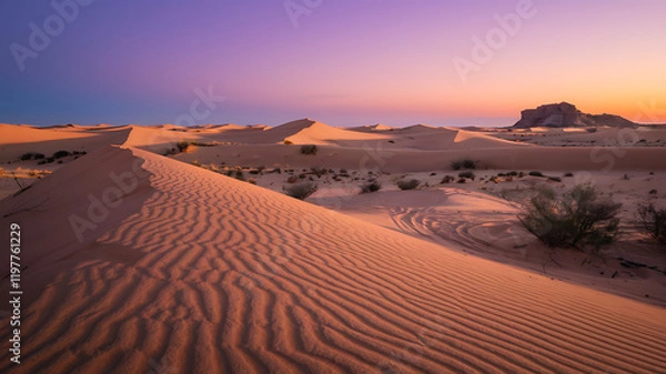 Obraz Canyon with Towering Red Sandstone Walls, Dry Riverbed, and Desert Vegetation, Under a Brilliant Blue Sky and the Faint Sound of Wind Through Crevices