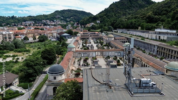 Fototapeta aerial view of Monumental cemetery of Como city with Lake in background