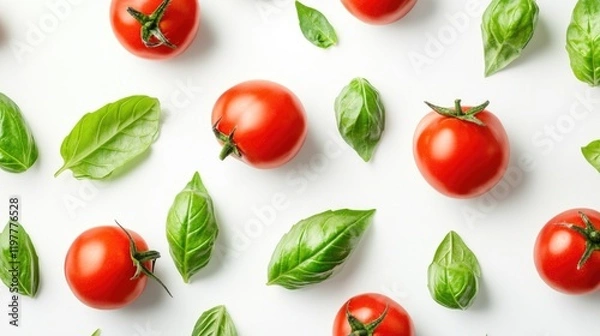 Obraz A collection of fresh tomatoes with green basil leaves on a white background, highlighting the vibrant colors and textures.