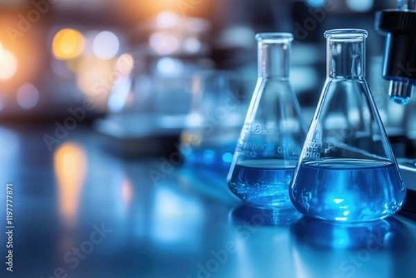 Obraz Close-up of laboratory flasks with blue liquid in a science lab