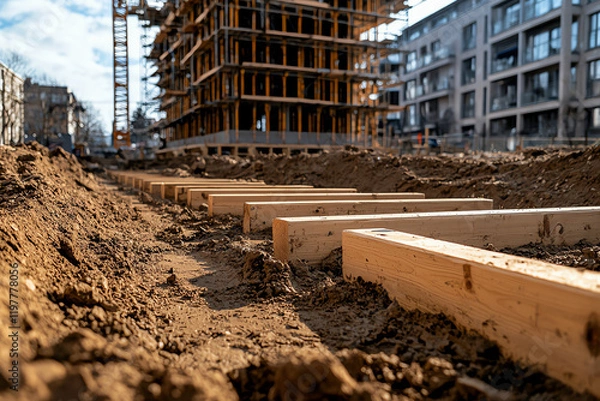 Obraz An urban construction site featuring wooden planks laid on a dirt foundation with a partially built building in the background under a clear blue sky.