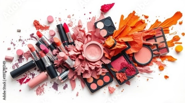 Fototapeta A vibrant flat lay of assorted makeup products, including lipsticks, blush, eyeshadows, and crushed powders, arranged on a white background.  
