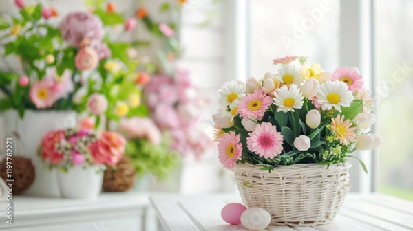 Fototapeta Bright and colorful flower arrangement in white basket, featuring daisies, tulips, and other blooms, creating cheerful spring atmosphere with pastel eggs nearby