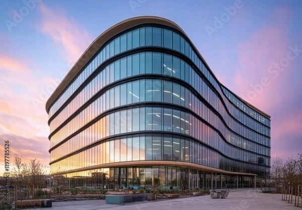 Fototapeta A large glass building with a curved facade and a balcony