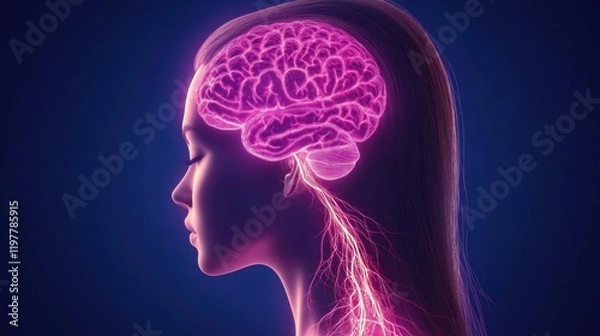 Fototapeta A stylized illustration of a woman's profile with a glowing brain and neural connections.