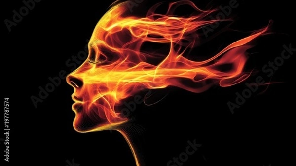 Fototapeta A stylized profile of a woman with flames representing energy and transformation.