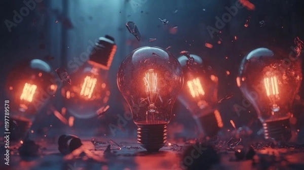 Fototapeta A surreal scene of glowing light bulbs amidst shattered glass, creating a dramatic atmosphere.