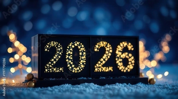 Fototapeta Illuminated "2026" numbers on a table with festive string lights and bokeh in the background, symbolizing New Year celebrations.
