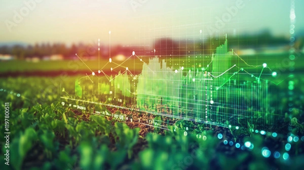 Fototapeta Large Green Farm with Rows of Crops Stretching Across the Horizon, with Blurred Background of Agriculture Market Charts Showing Crop Yield Trends and Pricing Forecasts