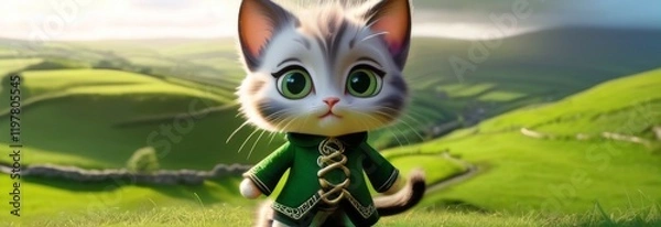 Fototapeta Kitten in a Kilt: "3D painting of a playful kitten with big expressive eyes, wearing a Scottish kilt with bright patterns, jumping against the backdrop of Scottish mountains and a lake.