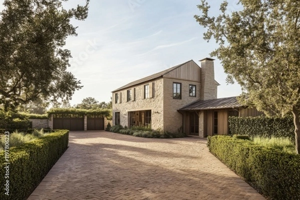 Fototapeta Elegant modern house surrounded by lush greenery in a serene suburban environment, showcasing beautiful architectural design and landscaping details in afternoon light