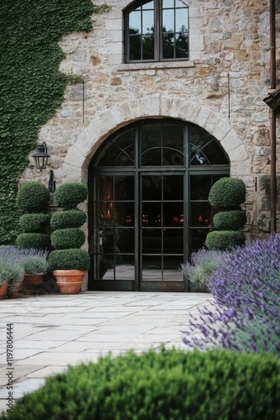 Fototapeta Lavender plants and neatly trimmed shrubs frame an elegant stone entrance to a historic building surrounded by greenery in a peaceful garden setting
