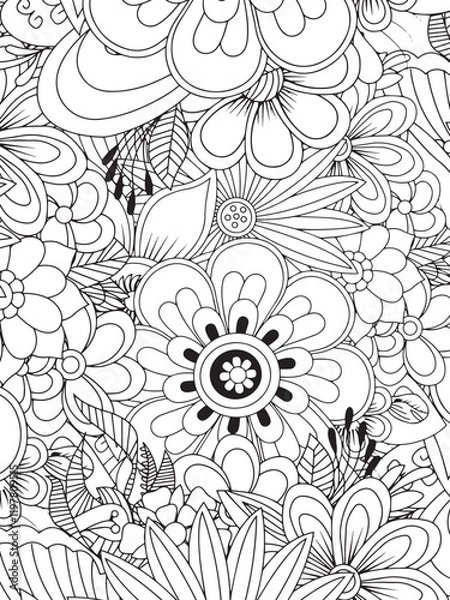 Fototapeta Floral Fantasy: A detailed line art illustration of a variety of flowers creating a seamless, intricate pattern, ideal for coloring or design projects