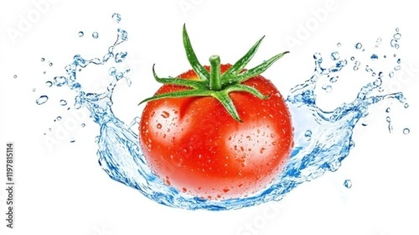 Fototapeta Suspended tomato splashing in water, capturing freshness and vitality against a clean white backdrop