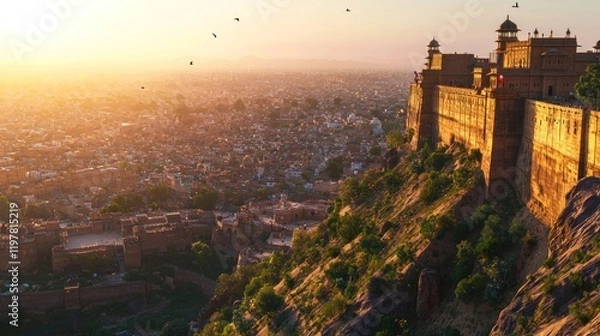 Fototapeta Sunset aerial view of Jaisalmer Fort, Rajasthan, India