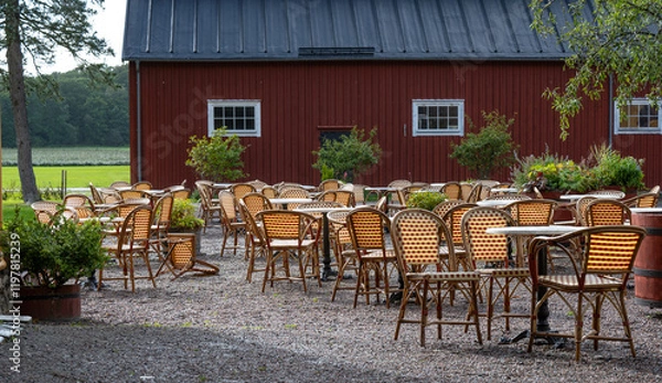 Obraz Empty chairs and tables at an outdoor cafe.