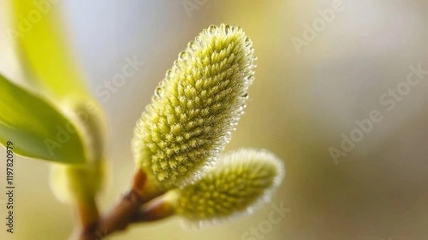 Fototapeta Close-up of dew-laden fuzzy buds on a spring morning