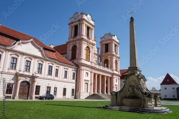Fototapeta Two towers of Gottweig Abbey, Benedictine monastery and Brunnenobelisk near Krems in Lower Austria