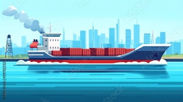 Fototapeta A colorful cargo ship navigating through a calm harbor with a city skyline in the background.
