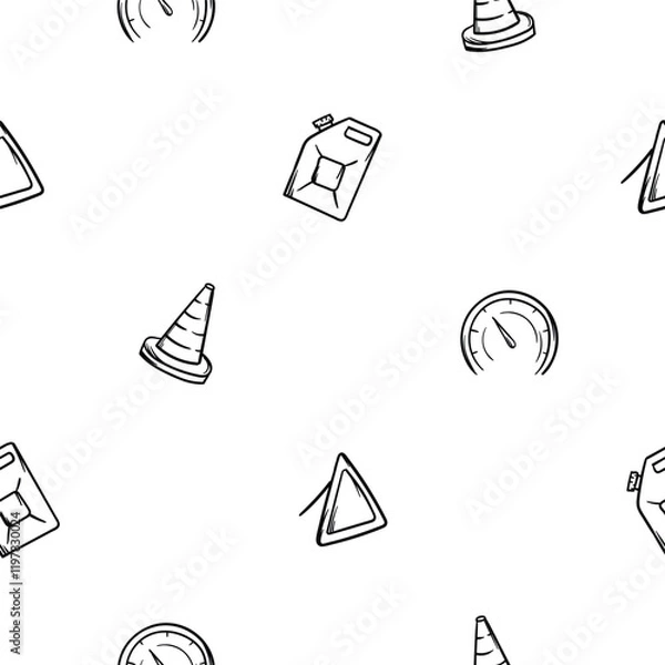 Fototapeta Simple black and white vector seamless pattern with canister, triangle sign, cone and speedometer. Endless background with automotive theme for decoration, wrapping paper, print, wall decoration