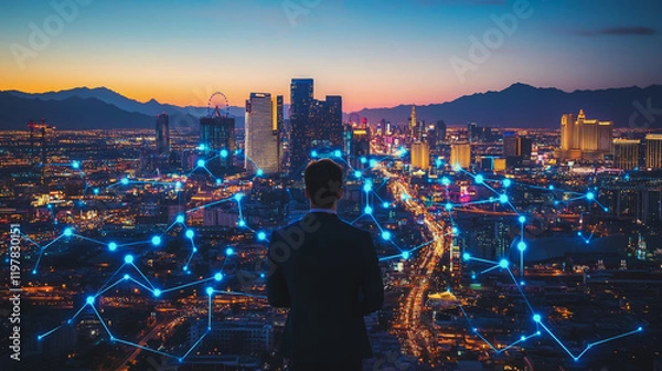 Fototapeta Abstract business man stands on the peak of success amid tall, innovative Smart city and graphs with statistics to analyze business potential and predict future developments in company growth.