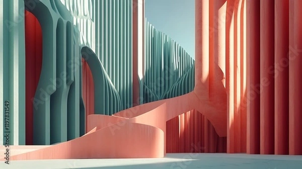 Fototapeta Abstract Architectural Design Featuring Teal and Coral Structures