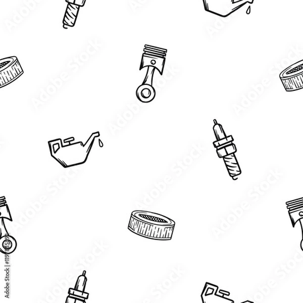 Obraz Simple black and white seamless pattern with car parts icons, filter, oil can, candle. piston Endless vector background with automotive theme for decoration, wrapping paper, print, wall decoration