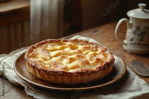 Fototapeta A freshly baked apple pie on a rustic wooden table, with a golden crust and a soft, warm filling