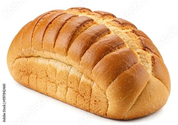 Fototapeta A freshly baked golden-brown bread loaf with a smooth crust and diagonal cuts, isolated on a white background