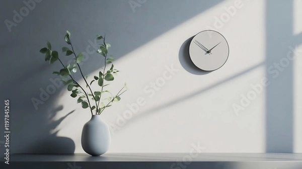 Fototapeta Minimalist Home Decor: Greenery and Clock in Sunlight