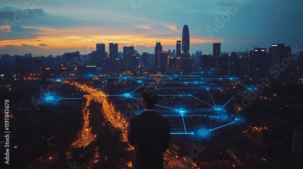 Fototapeta Abstract business man stands on the peak of success amid tall, innovative Smart city and graphs with statistics to analyze business potential and predict future developments in company growth.