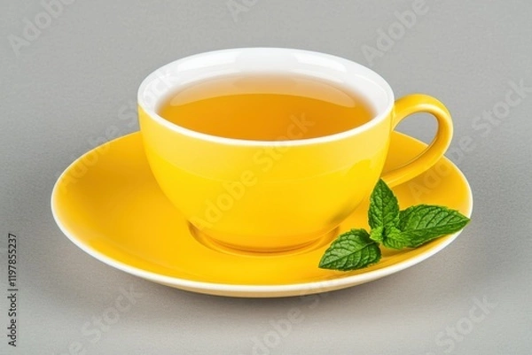 Fototapeta Herbal tea served in a vibrant yellow saucer with fresh mint garnish against a gray backdrop, creating a refreshing ambiance for relaxation