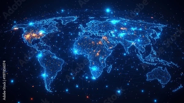 Fototapeta Global Digital Network: World Map with Illuminated Points Illustrating Global Connections and Activity Against a Dark, Night Sky-like Background