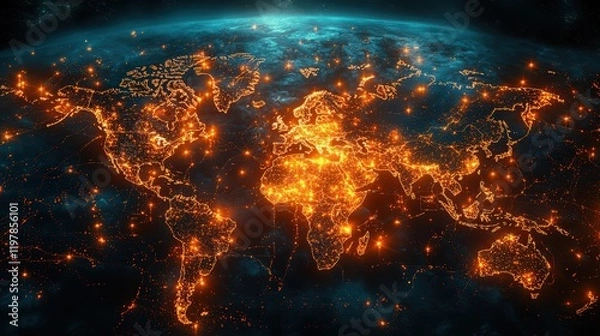 Fototapeta Global Digital Network: World Map with Illuminated Points Illustrating Global Connections and Activity Against a Dark, Night Sky-like Background