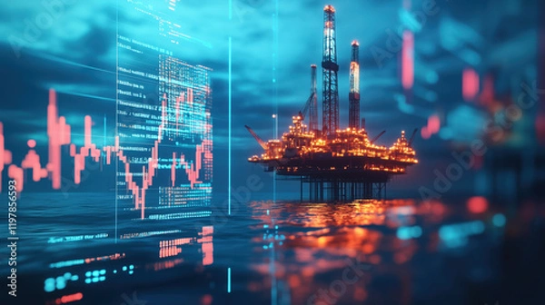 Fototapeta Massive Offshore Oil Platform Towering Above the Ocean with Blurred Background of Digital Graphs Displaying Fluctuating Global Oil Prices and Market Trends