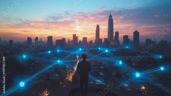 Fototapeta Abstract business man stands on the peak of success amid tall, innovative Smart city and graphs with statistics to analyze business potential and predict future developments in company growth.