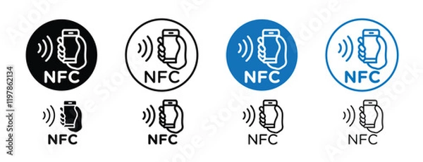 Fototapeta Set of 8 NFC icons with 1 silhouette and 1 unexpanded vector inside, NFC icon featuring wireless signal waves perfect for contactless payment technology and communication designs