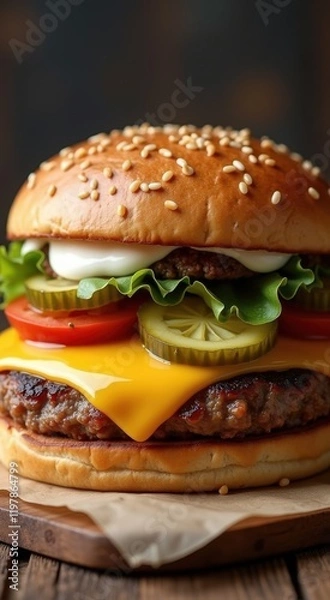 Fototapeta A close up of a hamburger with cheese, pickles, tomatoes and lettuce