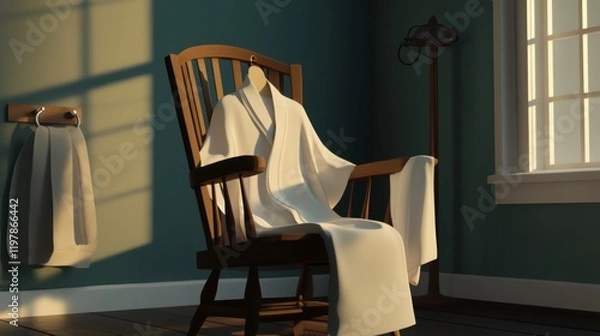 Fototapeta A Tranquil Interior Scene: Warm Sunlight Illuminating a Simple Room with a Wooden Rocking Chair and a Softly Lit Ambiance