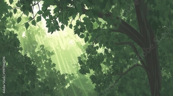 Fototapeta A Serene Forest Scene: Sunlight Filtering Through a Lush Canopy, a Misty Forest Depiction of Nature's Beauty
