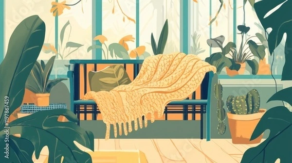 Fototapeta Serene Greenhouse Interior with Cozy Plants and Warm Colors. A Relaxing and Stylish Botanical Oasis. A Perfect Display of Indoor Greenery.