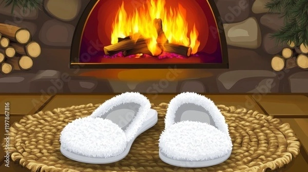 Fototapeta Cozy Fluffy Slippers by the Fireplace: A Relaxing Winter Scene