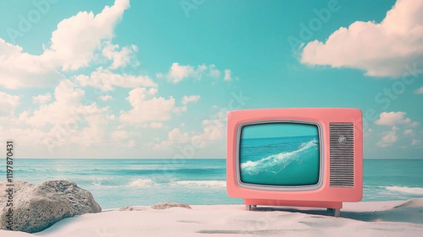 Fototapeta Retro TV on Beach with Ocean Scene Displayed Generated by AI